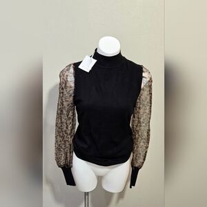 Designer Sioni Women’s Black Mock Neck Pullover Sweater Sheer Bishop Sleeve Med